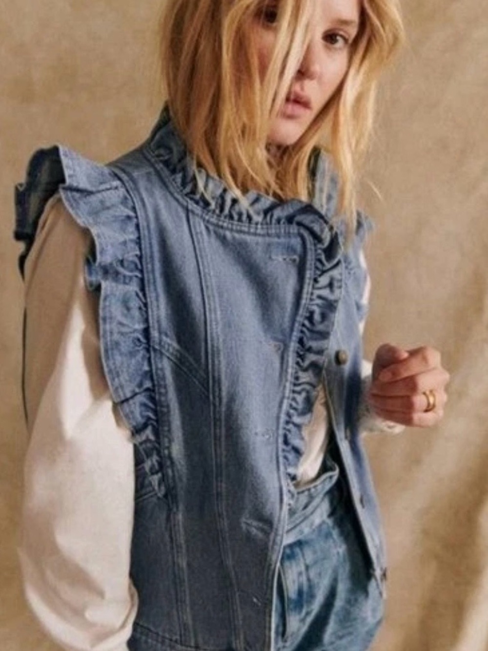 Sezane Light Blue Ruffle-Trim Denim Vest - Picture 6 of 6